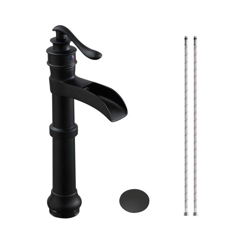 Homevacious Black Bathroom Faucet Vessel Sink Matte Waterfall Farmhouse Single Hole Antique Bowl with Pop Up Drain Stopper Lavatory One Handle Supply Line Without Overflow - Image 1